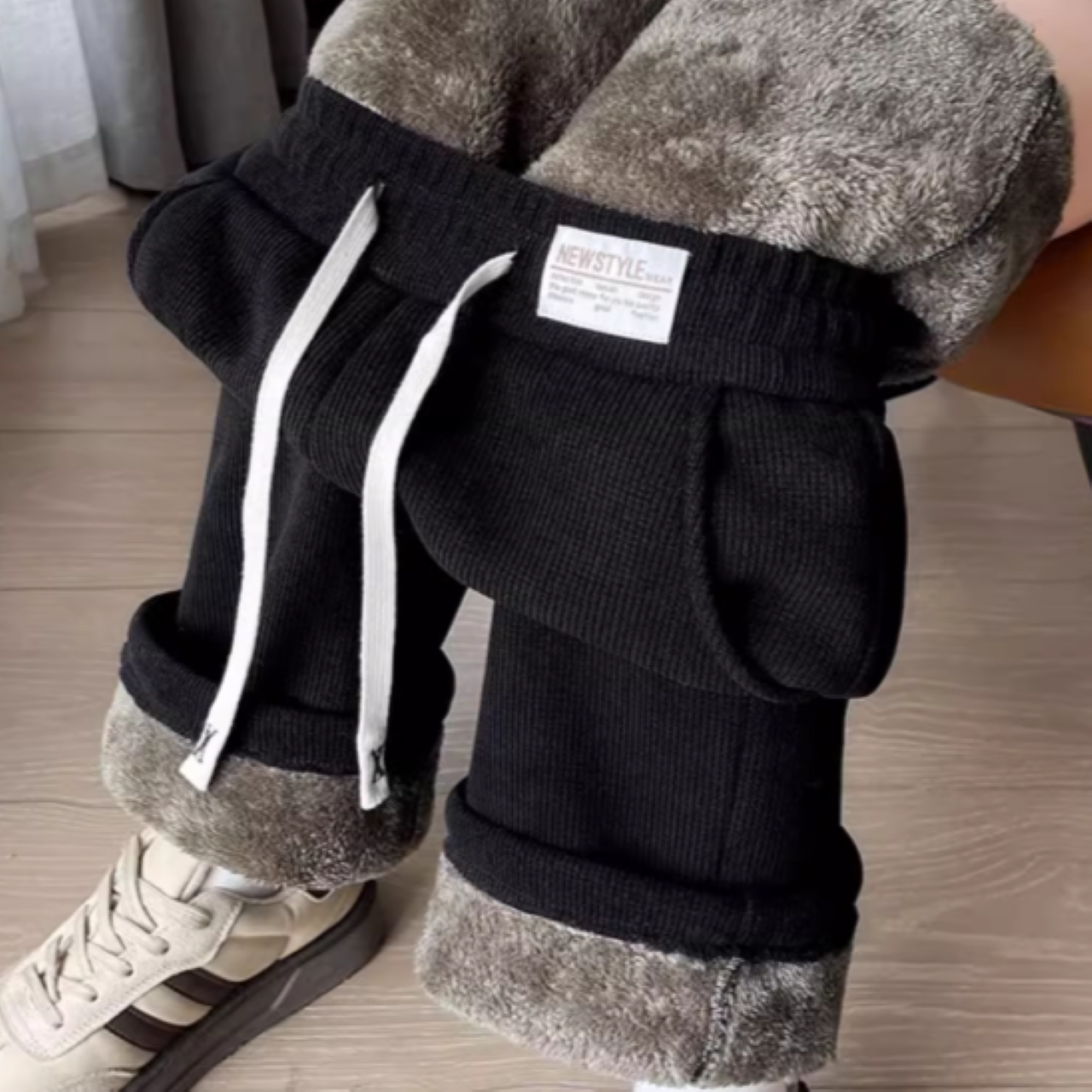 骨格ウェーブ 裏起毛 ウエストゴムワイドパンツ